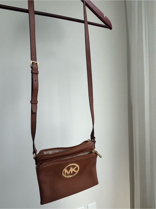Michael Kors Handbags - Michael Kors Brown Pebbled Leather MK Logo Crossbody